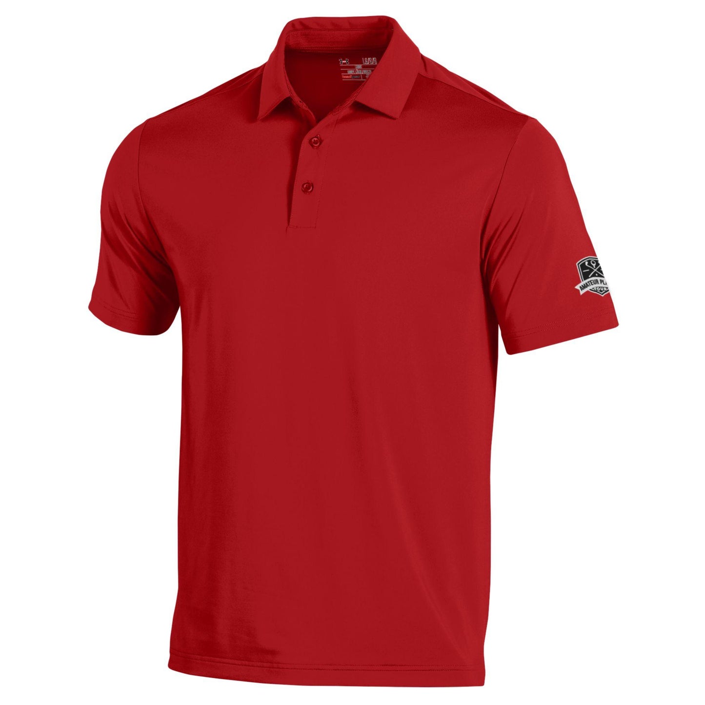 A red Under Armour men's polo shirt with a collar, three button placket, and a logo on the upper back.