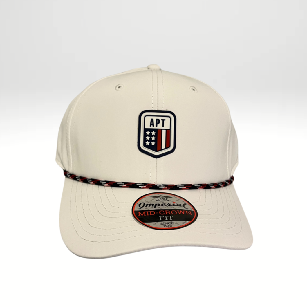 A white 6-Panel Performance Rope Cap with a white woven rope detail around the base of the front panels and an adjustable plastic snap closure.