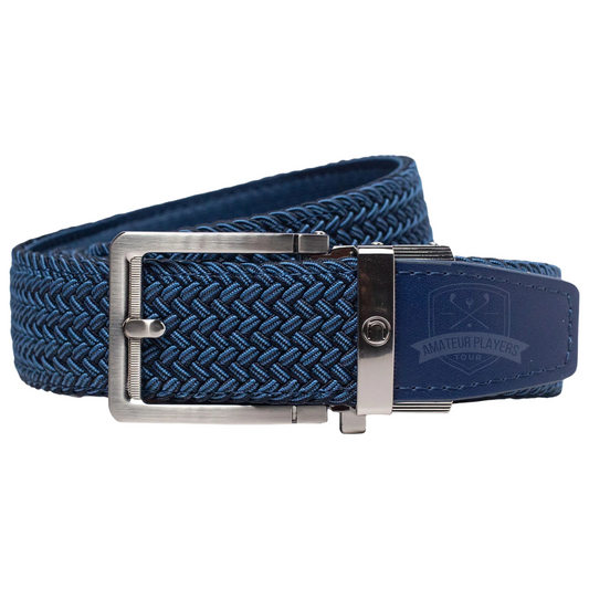Blue braided belt with silver buckle on a white background
