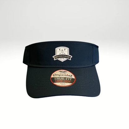 A navy performance visor with a low profile crown and a micro hook & loop elastic loop closure.